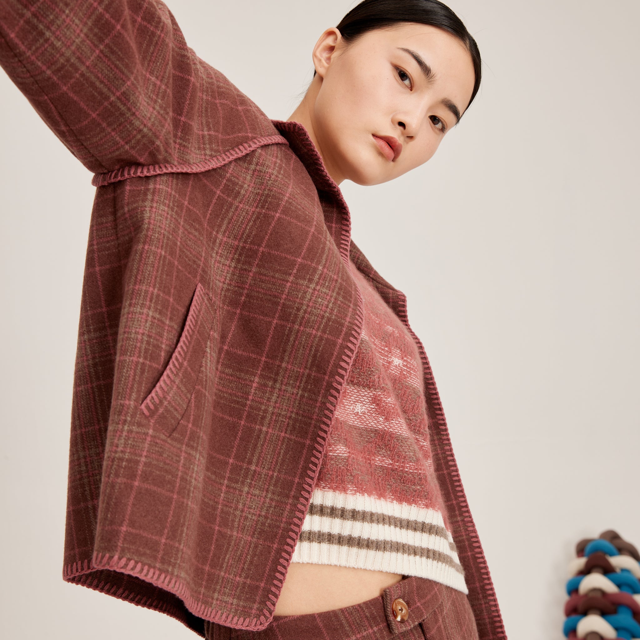 Women's check-pattern cashmere coat